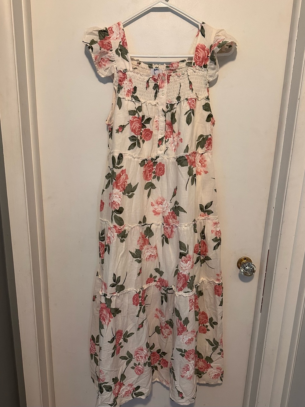 Old Navy Cream Midi Dress with Pink Floral Print